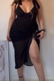 Orange Sexy Casual Solid Bandage Hollowed Out Backless Slit V Neck Sling Dress Dresses
