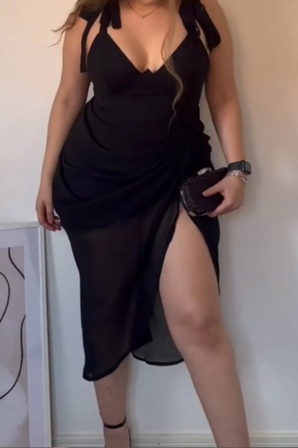 Black Sexy Casual Solid Bandage Hollowed Out Backless Slit V Neck Sling Dress Dresses