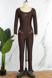Brown Casual Print Basic O Neck Skinny Jumpsuits