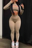 Apricot Sexy Street Print Letter O Neck Long Sleeve Three Pieces