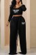 Black Casual Print Letter U Neck Long Sleeve Two Pieces