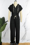 Black Casual Solid Patchwork Hooded Collar Regular Long Sleeve Two Piece Set