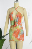 Orange Sexy Print Frenulum Backless Halter Sleeveless Dress Dresses