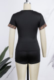 Black Street Print Patchwork O Neck Short Sleeve Two Pieces