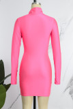 Pink Casual Solid Basic Turtleneck Long Sleeve Dresses