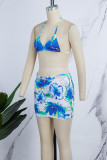 Blue Sexy Print Frenulum Backless Halter Sleeveless Three Piece Set