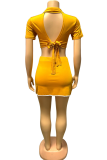 Rose Red Street Solid Backless Slit With Bow Contrast POLO collar Short Sleeve Two Pieces