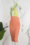 Tangerine Red Sexy Color Lump Hollowed Out Contrast Halter Wrapped Skirt Dresses