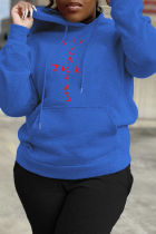 Royal Blue Casual Daily Print Draw String Letter Hooded Collar Tops