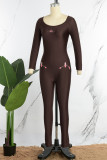 Brown Casual Print Basic O Neck Skinny Jumpsuits