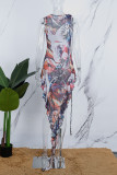 Colour Street Print Tassel Patchwork Flounce Slit O Neck Irregular Dress Dresses