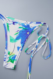Blue Sexy Print Frenulum Backless Halter Sleeveless Three Piece Set