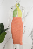 Tangerine Red Sexy Color Lump Hollowed Out Contrast Halter Wrapped Skirt Dresses