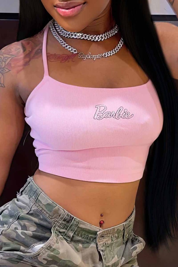 Pink Sexy Street Print Letter Spaghetti Strap Tops