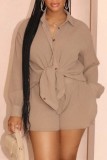 Khaki Casual Solid Patchwork Shirt Collar Long Sleeve Two Pieces