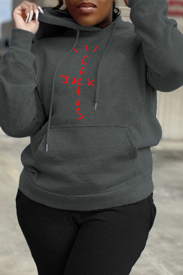 Dark Gray Casual Daily Print Draw String Letter Hooded Collar Tops