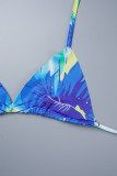 Blue Sexy Print Frenulum Backless Halter Sleeveless Three Piece Set