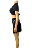 Rose Red Street Solid Backless Slit With Bow Contrast POLO collar Short Sleeve Two Pieces