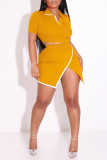 Rose Red Street Solid Backless Slit With Bow Contrast POLO collar Short Sleeve Two Pieces