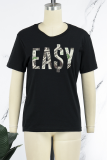 Black Casual Sportswear Print Patchwork O Neck T-Shirts