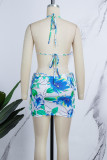 Blue Sexy Print Frenulum Backless Halter Sleeveless Three Piece Set
