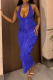 Blue Sexy Solid Tassel Bandage Patchwork Backless Halter Wrapped Skirt Dresses