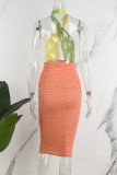 Tangerine Red Sexy Color Lump Hollowed Out Contrast Halter Wrapped Skirt Dresses