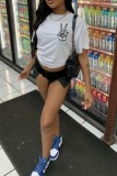 White Casual Daily Print Skull Patchwork O Neck T-Shirts