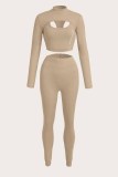 Apricot Sexy Street Print Letter O Neck Long Sleeve Three Pieces
