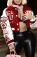 Red Street Print Patchwork Pocket Buckle Letter Turndown Collar Outerwear