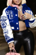 Blue Street Print Patchwork Pocket Buckle Letter Turndown Collar Outerwear