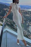 White Casual Solid Patchwork Half A Turtleneck Short Sleeve Dress