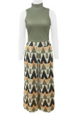 Army Green Casual Print Patchwork Pocket Turtleneck Sleeveless Two Pieces