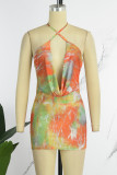 Orange Sexy Print Frenulum Backless Halter Sleeveless Dress Dresses