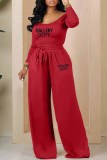 Red Casual Print Letter U Neck Long Sleeve Two Pieces