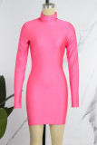 Pink Casual Solid Basic Turtleneck Long Sleeve Dresses