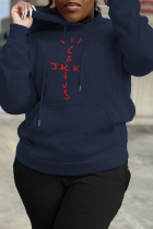 Navy Blue Casual Daily Print Draw String Letter Hooded Collar Tops
