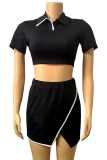 Rose Red Street Solid Backless Slit With Bow Contrast POLO collar Short Sleeve Two Pieces