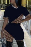 Black Street Print Patchwork O Neck Short Sleeve Two Pieces