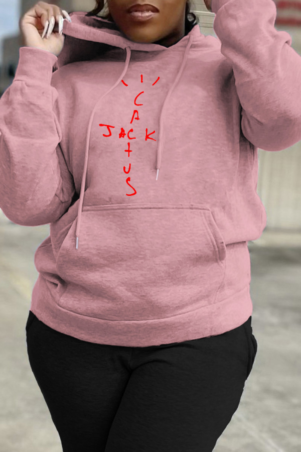 Pink Casual Daily Print Draw String Letter Hooded Collar Tops