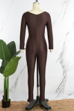 Brown Casual Print Basic O Neck Skinny Jumpsuits