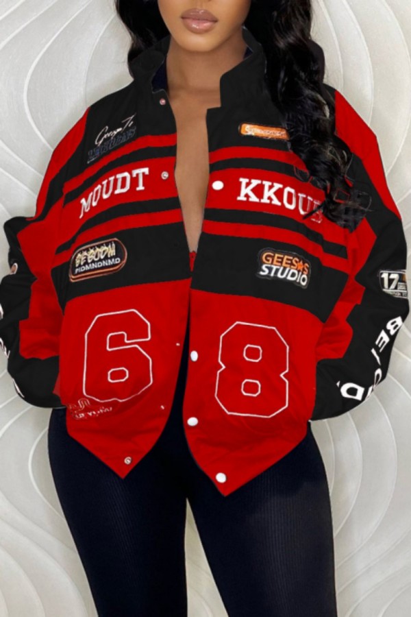 Red Casual Print Patchwork Outerwear (Can Be Worn In Two Ways)