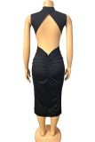 Rose Red Sexy Solid Patchwork Backless Fold Half A Turtleneck Wrapped Skirt Dresses