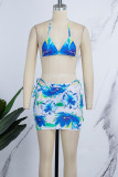 Blue Sexy Print Frenulum Backless Halter Sleeveless Three Piece Set