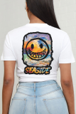 White Casual Daily Print Patchwork O Neck T-Shirts