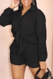 Black Casual Solid Patchwork Shirt Collar Long Sleeve Two Pieces