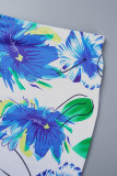 Blue Sexy Print Frenulum Backless Halter Sleeveless Three Piece Set