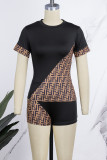 Black Street Print Patchwork O Neck Short Sleeve Two Pieces