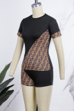Black Street Print Patchwork O Neck Short Sleeve Two Pieces