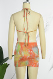 Orange Sexy Print Frenulum Backless Halter Sleeveless Dress Dresses